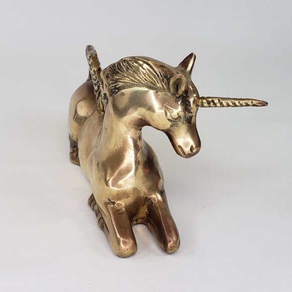 Vintage Large Solid Brass UNICORN Sculpture Laying Down Mythical Regency - Picture 6 of 12